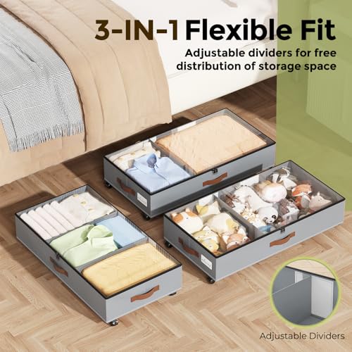 LAMU Under Bed Storage with Wheels, 2 Pack Under Bed Storage Containers with Clear Lids & Label, Rolling Under Bed Drawers for Clothes, Shoes, Blankets, Grey - color: Grey