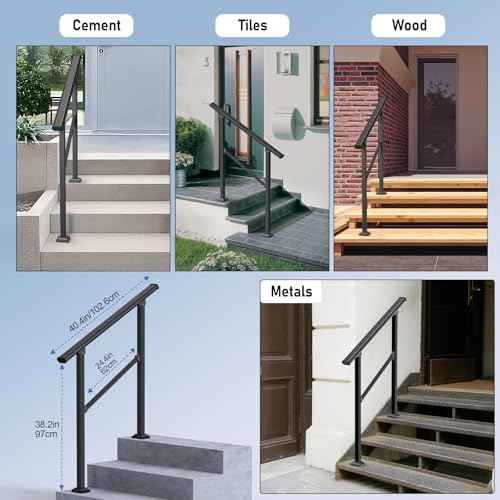 Outdoor Handrails for 2-3 Steps, Stair Railing Kit for Concrete & Porch Steps, Adjustable Black Iron Hand Rail for Seniors, Easy Installation, Retro Arch Design