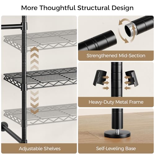 Closet Organizers and Storage, 2-Row Heavy Duty Garment Rack Clothes Rack for Hanging Clothes, Wall Mounted Closet System with 2 Telescopic Rods, 3 Hooks, 6 Shelves for Wardrobe, Bedroom, Small Space - style: 2-Row