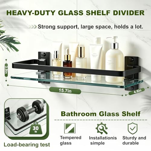 AIJALY 2 Pack Bathroom Glass Shelf, 15.7 Inches Black Bathroom Shower Glass Shelf Wall-Mounted, Metal Storage Floating Kitchen Shelf - color: Black 2 Pack