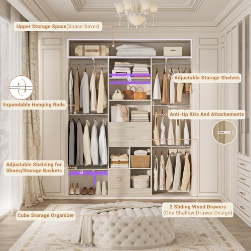 Small Closet System - 5FT Closet Organizer System with Wooden Drawers, 60 Inches Walk In Closet System With 5 Hanging Rods, Can Fit 1.58 to 6.8 FT with Reversible Hanging Shelving, Greige Oak - color: Greige Oak, size: 5FT