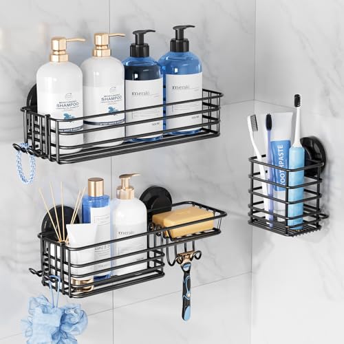 TAILI Shower Caddy Suction Cup, 3 Pack Shelves for Inside with Hooks & Soap Holder Toothbrush Cups, Removable Bathroom Organizer, Rustproof Black Shelves - style: 3 × Black