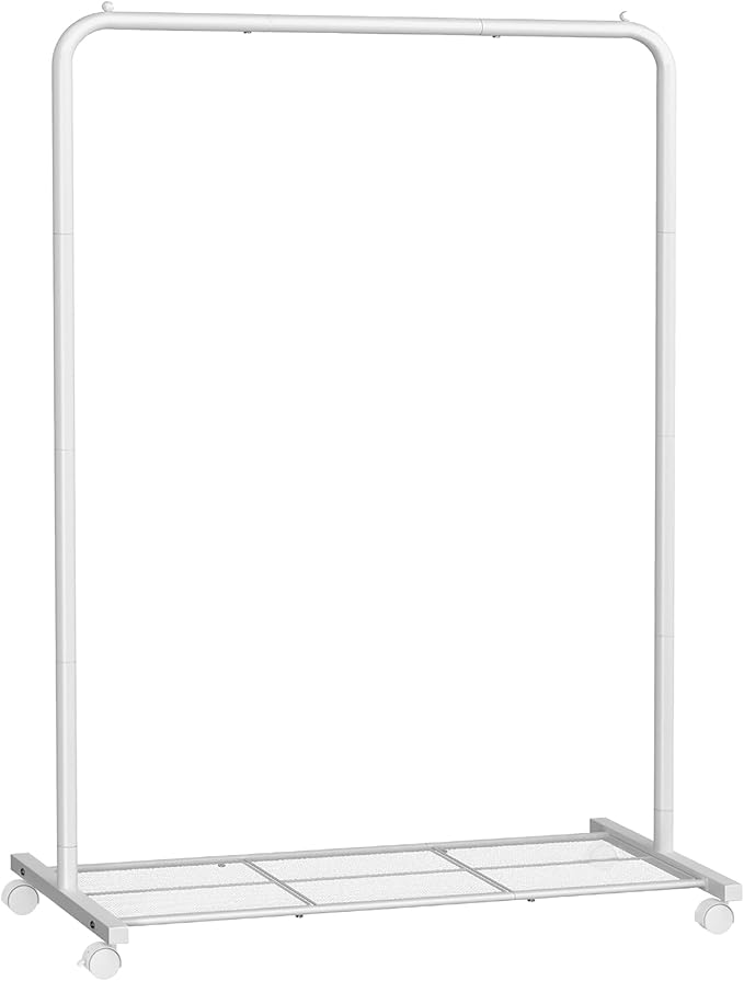 SONGMICS Clothes Rack with Wheels, Clothing Rack for Hanging Clothes, 25.4 mm Metal Garment Rack with Dense Mesh Storage Shelf, 110 lb Load Capacity, 2 Brakes, Cloud White UHSR025W01