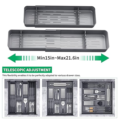 Kitchen Drawer Silverware Organizer, Adjustable Cutlery Organizer, Expandable Utensils Holder, Silverware Dividers Tray, Storage for Flatware, Large Drain Board (Gray,2 Sets)