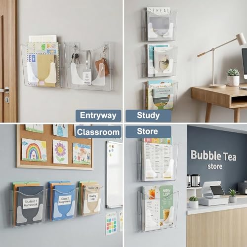 PAG 6-Pocket Clear Wall Mount File Organizer for Office, Vertical Hanging Document Paper Folder Holder for Home, Letter Size Mail Sorter, Transparent Magazine Literature Rack with Mounting Hardware