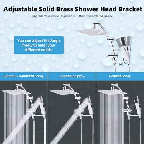 Hibbent All Metal 8'' Rainfall Shower Head, Square Shower Head Combo, High Pressure Handheld Shower Wand, 4 Sprays, 16'' Adjustable Arc-shaped Extension Arm, 71'' Hose, Showerhead Holder, Chrome