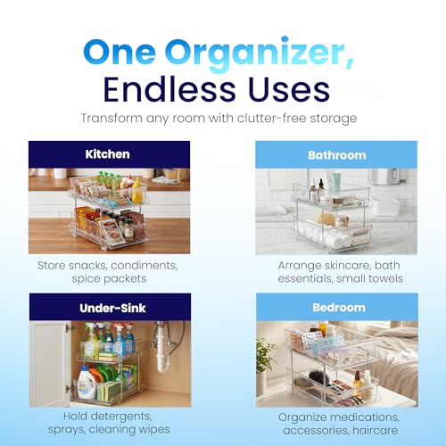 Masirs 2-Tier Clear Pull-Out Drawer Organizer - Sleek, Compact & Sturdy Makeup and Closet Organizer - Easy Assembly Kitchen Storage Solution, Ideal for Makeup, Tools, Medicines 4-Pack