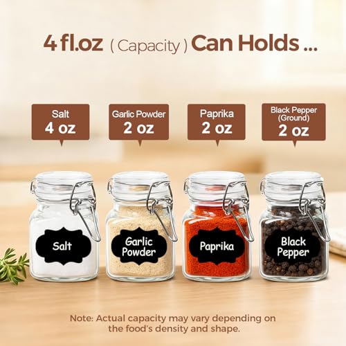 ComSaf Set of 6 Square Glass Spice Jars with Airtight Lids (4 Oz), Mini Favor Jars with Wire Clamp for Honey, Herbs & Farmhouse Kitchen Pantry Organization, with Funnel & Labels - size: 4oz*6