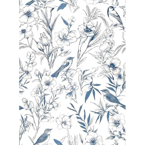 Navy Blue Floral Birds Peel and Stick Wallpaper Rustic Country Birds Floral Shelf Liner Contact Paper for Walls Bedroom Kitchen Bathroom Cabinets Dresser Drawer Furniture Decal 17.7X117 Inches