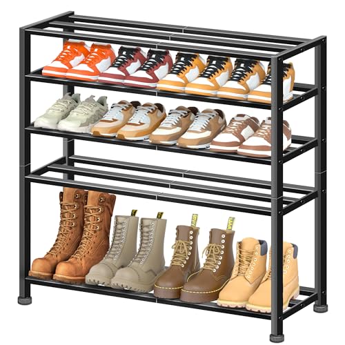 KEETDY 5-Tier Heavy Duty Shoe Rack for Garage Entryway, Stackable Shoe Organizer for 25 Pairs Men Boots, Shoe Rack for Closet Metal Shoe Storage Shelf, Floor, Hallway (Black)
