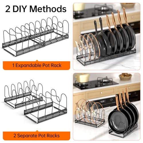 MUDEELA 2 Pack Pots and Pans Organizer Rack for under Cabinet, Expandable Pot Lid Kitchen Cabinet Organizer Holder with 10 Adjustable Compartment Cutting Board Organizer for Pan Lid, Bakeware Sheet - style: 2 Pack 10 Dividers-Black