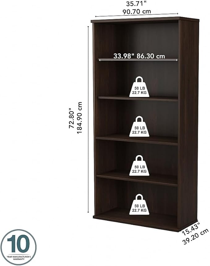 Bush Business Furniture Hybrid Tall 5 Shelf Bookcase in Black Walnut