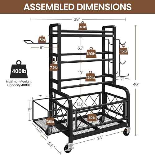 Yaheetech Dumbbell Rack Yoga Mat Storage Rack Home Gym Workout Equipment Rack Stand w/Hooks & Wheels for Dumbbells, Kettlebells, Yoga Ball, Max Load 400lb
