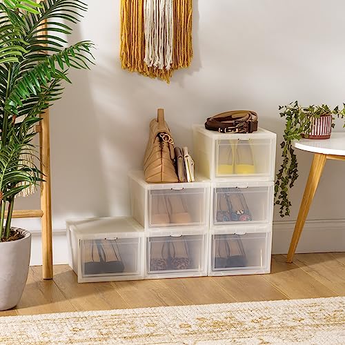 IRIS USA Stackable Shoe Storage Box with Latch Drop Front Door, 6-Pack, for Scarf Game Organizer Container with Ventilation Holes for Closet Under Bed Entryway Storage, Strudy, Tall, Clear - size: 14 Qt Drop Front - 6 Pack