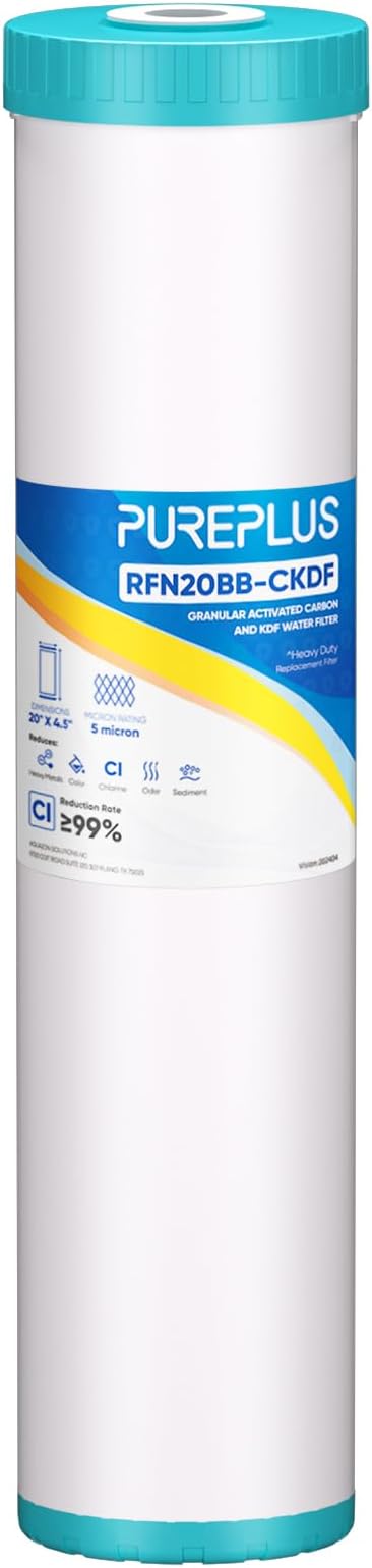 PUREPLUS 5 Micron 20" x 4.5" Whole House KDF/GAC Water Filter, Heavy Metal