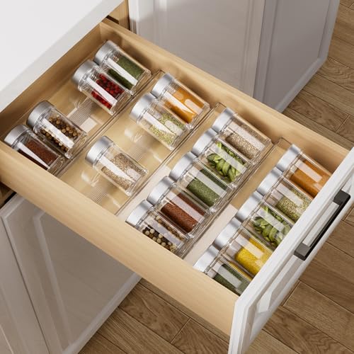 MIUKAA Acrylic Spice Drawer Organizer, 2 Tier - 4 Pack Seasoning Organizer for Drawer, Expandable From 13" to 26" Kitchen Drawer Spice Rack with Slip-Proof Mat (Jars not Included) - size: 4 Pack