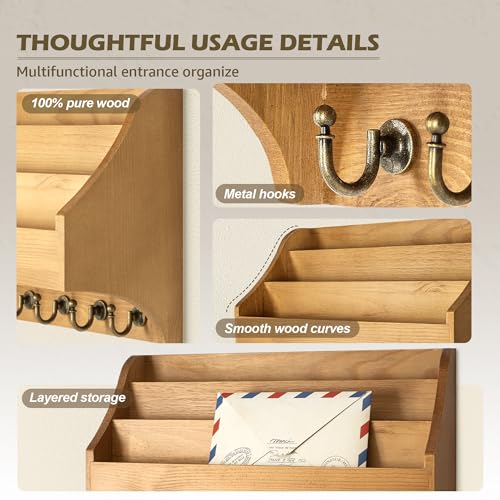Rebee Vision Pine Wood Key Holder Wall Mount - Rustic 3-Tire Mail Holder for Wall with Sturdy Key Hooks - Multifunctional Key Holder on Wall for Home Office (Light Brown) - color: Yellow