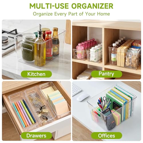 YKIOKE 8 Pack Clear Plastic Storage Bins with Handles,4 Large and 4 Small Stackable Organizer Containers for Kitchen, Countertops, Cabinets, Fridge, Drinks, Fruits, Vegetable, Cereals - size: 8-Pack
