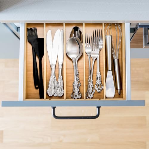Lyellfe 2 Pack K Cup Holder for Drawers, Bamboo Tea Bag Organizer with Adjustable Dividers, Silverware Utensil Flatware Tray for Coffee Station Home Office, Kitchen
