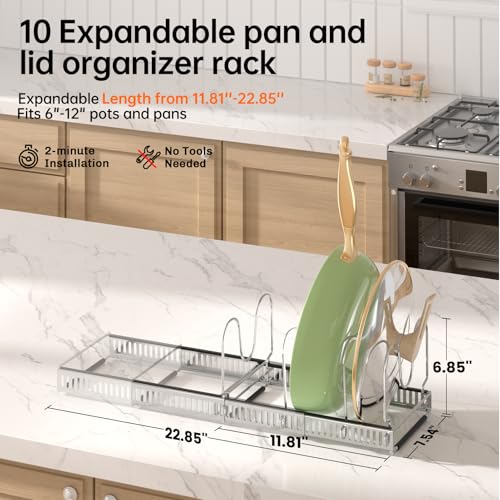 MUDEELA Pots and Pans Organizer Rack for under Cabinet, Expandable Pot Lid Kitchen Cabinet Organizer Holder with 10 Adjustable Compartment Cutting Board Organizer for Pan Lid Cookie Sheet Rack, Silver - style: 10 Dividers-Silver
