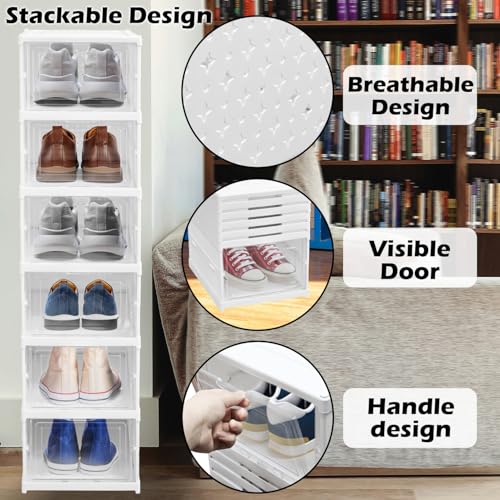 Foldable Shoe Storage Box, No Assembly 6 Tiers Shoe Organizer with Clear Door, Stackable Shoe Sneaker Standing Rack for Entryway Living Room Bedroom