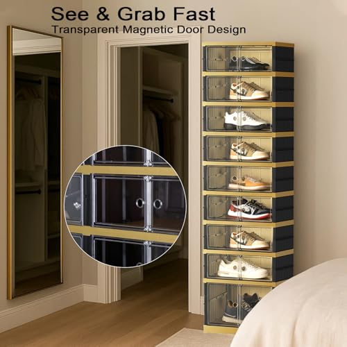 SYNCVIBE Shoe Rack Organizer for Closet Entryway Foldable Sneaker Storage Shoe, Collapsible Shoe Cabinet, Stackable Shoe Storage Cabinet with Lids for Living Room (9 Tiers -18 Pairs Black Gold) - size: 9 Tiers -18 Pairs Black Gold