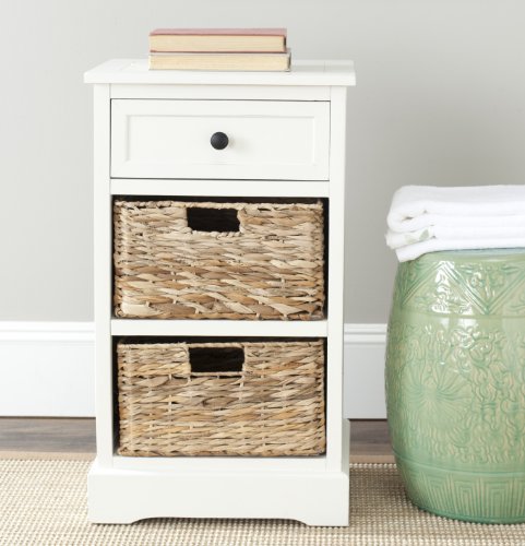 SAFAVIEH Home Collection Carrie Distressed Cream/ Natural Wicker 3-Drawer Storage Nightstand Side Table (Fully Assembled) - color: Distressed Cream