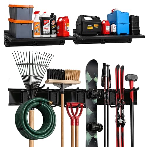 TIDYME Heavy-Duty Garage Wall Storage System | Wall Mounted Tool Organizer Rack with Shelving | 12-Piece Mounting Kit | 6x10” Double-Layered Hooks & 2x24” Floating Utility Shelves - size: 96" (2 Shelves)
