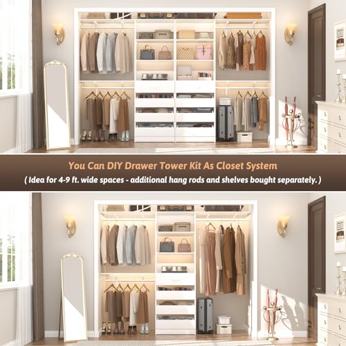 Aheaplus 21.3" Closet System with 4 Drawers, Wood Closet Organizer with Open Shelves, Modular Drawers System Tower, Walk-in Closets Small Wardrobe Rack, Tall Storage Cabinet Unit, White - color: White