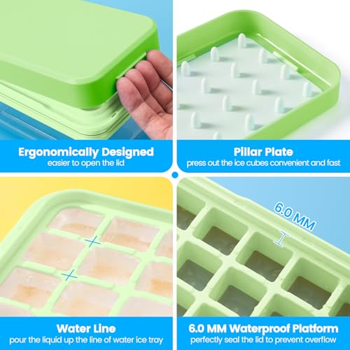 PHINOX Ice Cube Tray with Lid and Bin, 3 Pack Plastic Ice Cube Tray Molds, 84 pcs Ice Trays for freezer, Chilling Drinks, Whiskey & Cocktails, with Ice Container and Ice Scoop, BPA-Free - color: Green, size: 0.8"-3tier