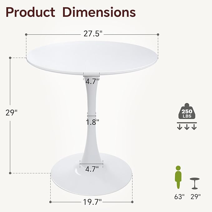 Small Space 27.5 Inch White Round Tulip Dining Table - Modern Pedestal Base Kitchen Table for 2-4 People - Easy Assembly & Easy to Clean