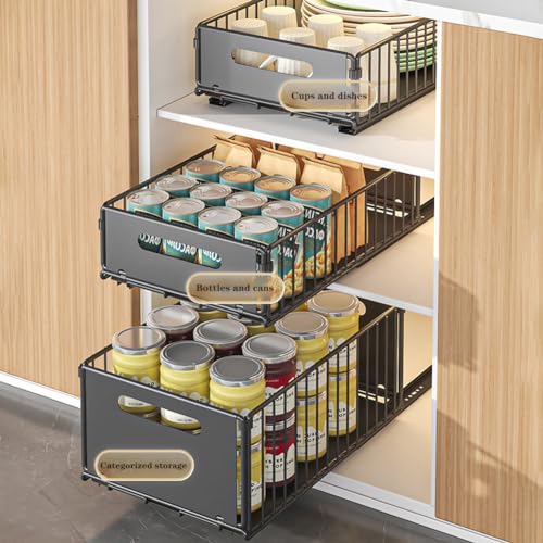 Pull Out Cabinet Organizer, Slide Out Cabinet Organizer Heavy-Duty Carbon Steel Expandable Drawer Adjustable Sliding Shelf Under Sink Rack Shelf for Kitchen Pantry Bathroom Closet - color: black large 2pcs
