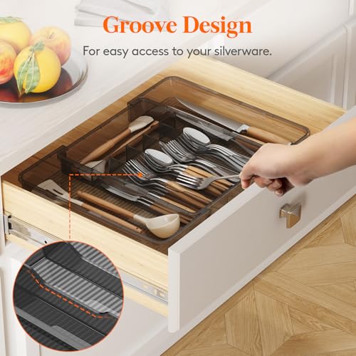 Lifewit Silverware Organizer for Kitchen Drawer, Expandable Utensil Tray for Spoons Forks Knives, Adjustable Flatware Cutlery Holder Storage, Black