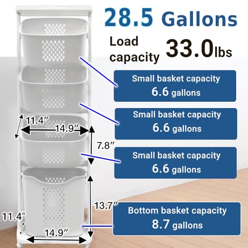 Japard 108 Liters Vertical Rolling Laundry Compact Hamper Ultra Slim, 4 Sorter Cart with Wheels and Breaks, 4-tier Baskets Detachable for Small Space, Dorm, Closet, Bathroom, Easy Assembly White Gray - size: 4 Tier
