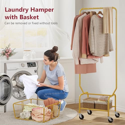 Tajsoon Laundry Cart with Wheels, Metal Rolling Laundry Hamper with Hanging Rack, Storage Basket and Shelf, Gold - color: Gold