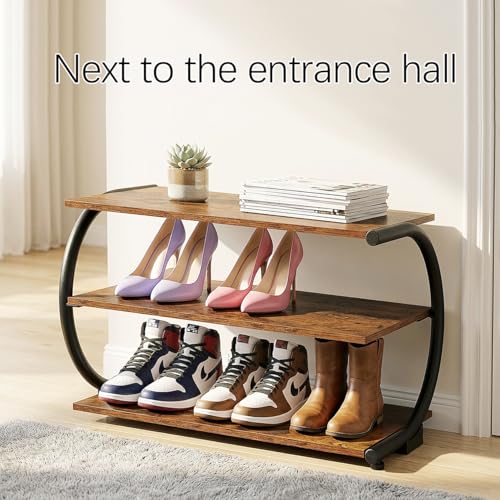 C-Shaped 3-Tier Shoe Rack with Metal Frame & Adjustable Feet - Compact Organizer for Entryway, Closet, Hallway (Holds 11 lbs/Shelf) - size: 25.59" X 11.81" X14.76"