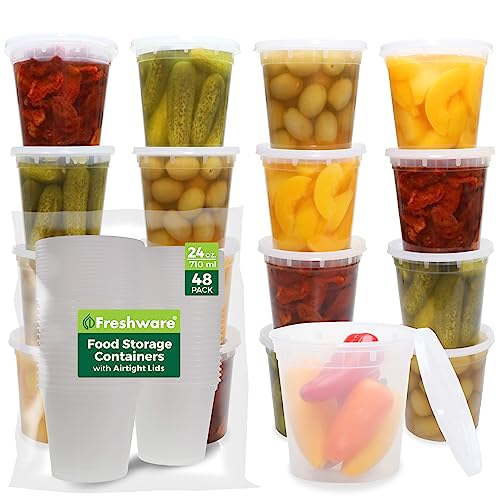 Freshware Food Storage Containers 24 oz Plastic Deli Containers with Lids, Slime, Soup, Meal Prep Containers, BPA Free, Stackable, Leakproof, Microwave/Dishwasher/Freezer Safe, 48 count (pack of 1) - size: 24 oz - 48 Sets
