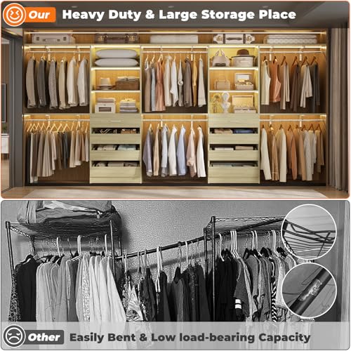 Aheaplus Closet System with Drawers Set of 2, Wood Closet Organizer System with 8 Hanging Rods & Top Shelves, Walk-in Closets Organizer Wardrobe Clothes Rack, Cut Fits Spaces 4-9FT. Wide, White Oak1 - color: White Oak