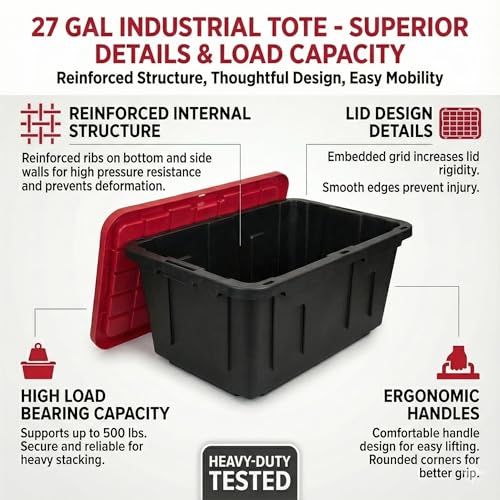 27 Gal Industrial Tote,2 Pack Plastic Storage Bins with Lids Tough Large Storage Bin,Black with Red Lid Plastic Storage,Stackable & Nestable for Garage, Basement, or Outdoor (2 Pack) - size: 2 Pack