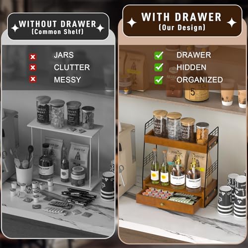 Coffee Bar Station Organizer with Built-In Drawer, 2-Tier Countertop Shelf for Tea Bags, Coffee Accessories, Syrup Bottles (Walnut) - color: Walnut
