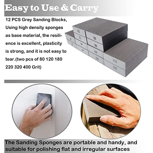 12 PCS Sanding Block Set- 80 120 180 220 320 400 Grits Wet and Dry Dual-use Hand Sanding Sponge, Coarse and Fine Washable and Reusable, Ideal for Drywall Wood Metal Derusting Polish¡¦