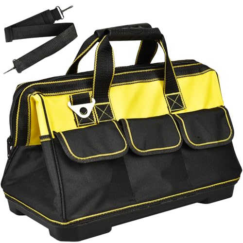 Heavy Duty Tool Bag 16-Inch, 16-Pocket Portable Tool Bag Organizer with Adjustable Shoulder Strap,Soft Handle Large Zipper Carrying Tool bags with Wide Mouth and Waterproof Strong Molded Base