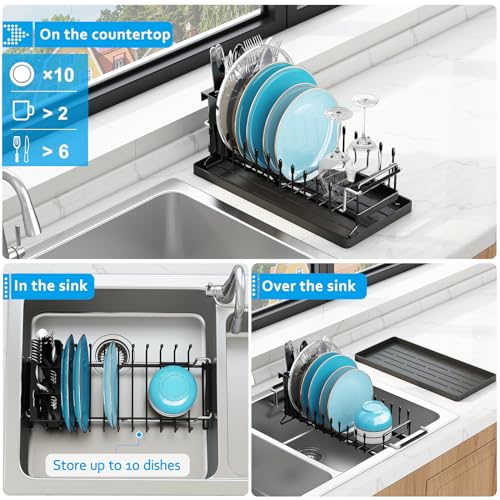 ANTOPY Sink Dish Drying Rack - Expandable Small Dish Rack Over Sinks with Silicone Drying Tray, Dish Drainer for Kitchen Counter with Cutlery Holder, Drying Rack Fit for 14’’-19’’ Kitchen Sink - style: In Sink (Small)