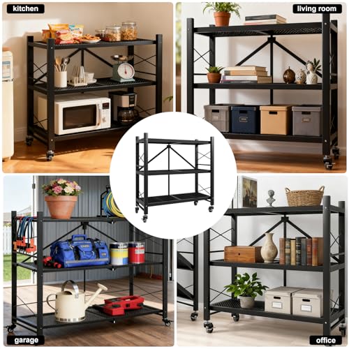 Grezone Foldable Shelves 3 Tier Heavy Duty Metal Storage Shelves with Wheels - No Assembly Collapsible Shelving Unit for Kitchen Garage Hold up to 750 lbs - size: 39‘’W x 13.5''D x 39''H