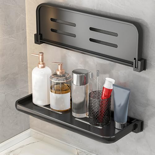 SAGUD 2pcs Bathroom Shelf Wall Mounted Hidden Foldable Shelves for Compact Camper Storage 12inch Waterproof Metal Shower Rack for Laundry Toilet Room RV Wall Organizer, Black