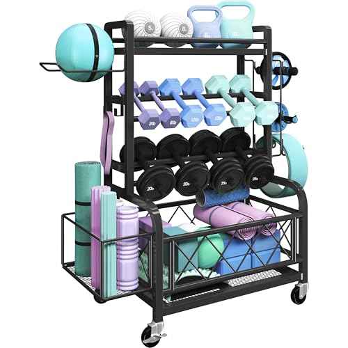 Yaheetech Dumbbell Rack Yoga Mat Storage Rack Home Gym Workout Equipment Rack Stand w/Hooks & Wheels for Dumbbells, Kettlebells, Yoga Ball, Max Load 400lb
