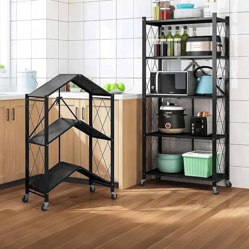 IDEALHOUSE 5 Tier Folding Shelves with Wheels, Heavy-Duty Storage Rack, No Tools Assembly, 63" H for Kitchen Pantry Garage Office, Black