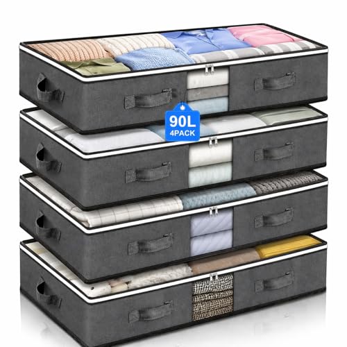 Under Bed Storage Containers 90L set 4 bags, Closet Organizers and Storage Bins, Foldable Underbed Storage Bags for Wrapping Paper, Blanket, Clothing, Comforter, Sweaters, Pillows, Linen Sheets, Grey