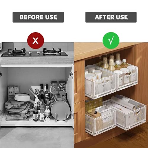 Sliding Cabinet Basket Organizer Drawer Self Adhesive Slide out Pantry Shelves Heavy Duty Carbon Steel Slide Cabinet Storage Basket with Handle for Bathroom Kitchen Home - size: Large