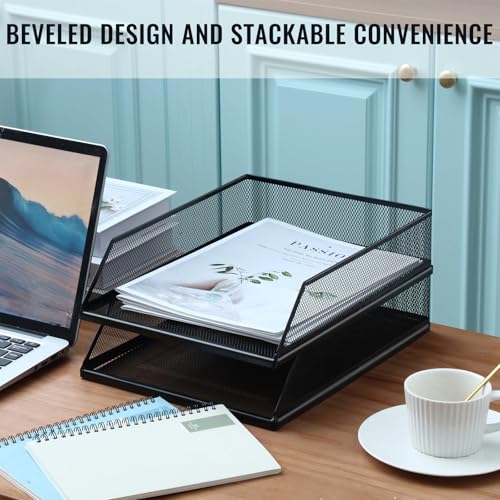 Hicarer 2 Pcs Black Metal Letter Tray Stackable Desk Tray Single Wire Mesh Organizer Front Load File Paper Holder for Desktop Office Home School Classroom (12.8 x 9.84 Inch) - size: 12.8 x 9.84 Inch
